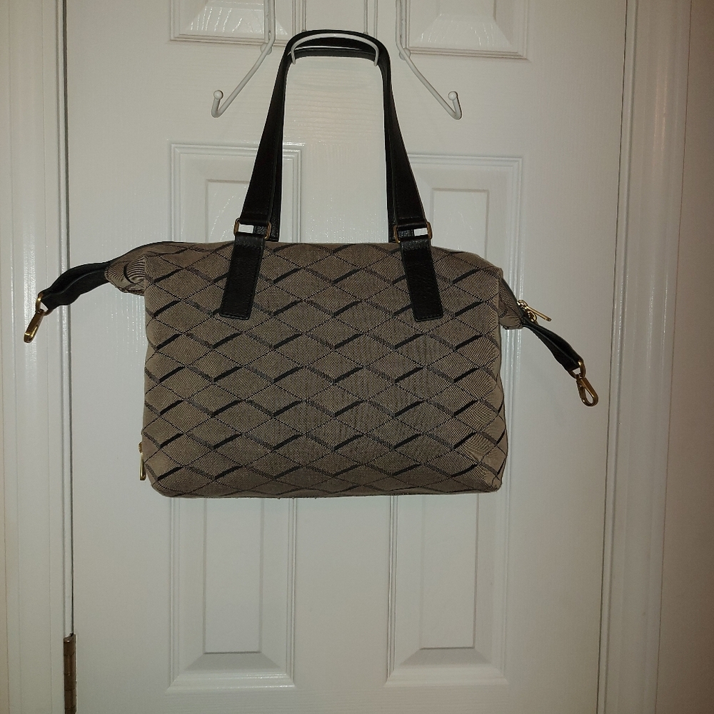 ✔️Fossil Beige Woven Satchel with Black Leather Handles, EUC - Picture 2 of 13